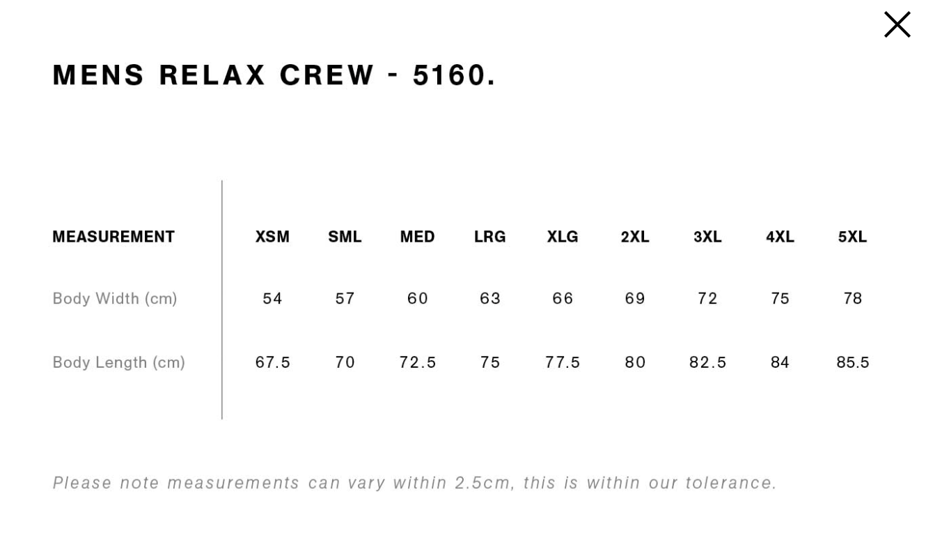 relax crew size chart